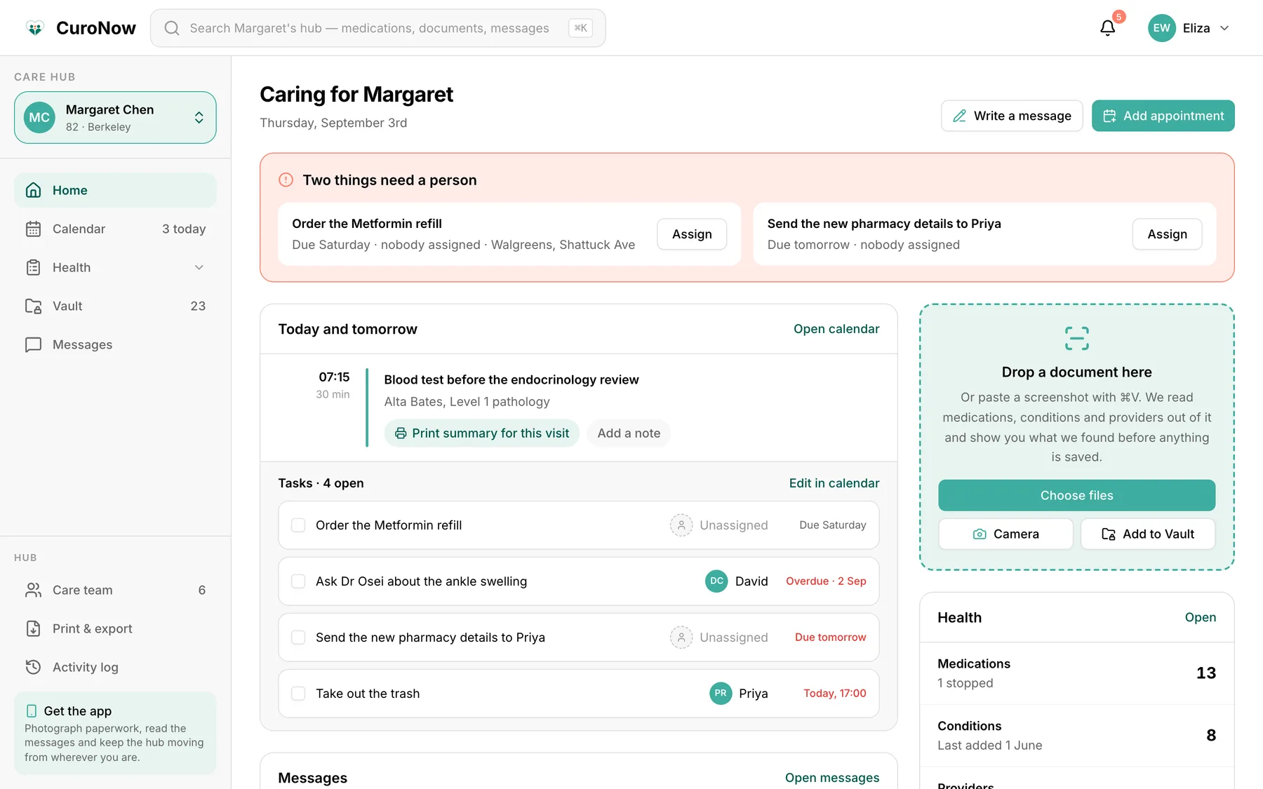 A care hub's home screen, with two tasks flagged as needing someone, the day's schedule, and a panel of recent messages.